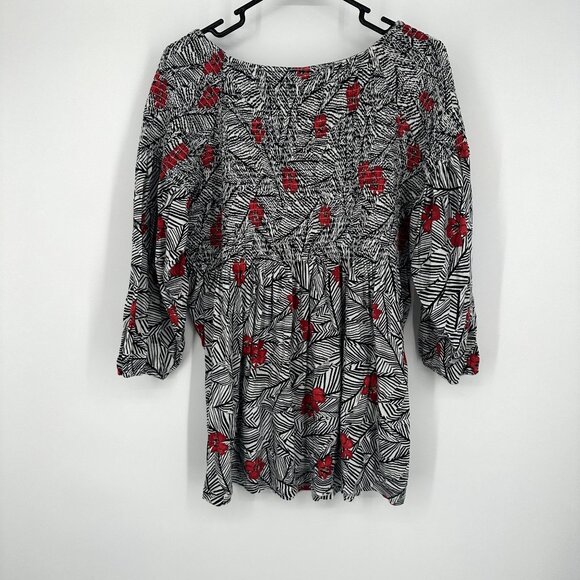J.jill smocked tunic top 3/4 Sleeve black red floral print size Large - Picture 2 of 6